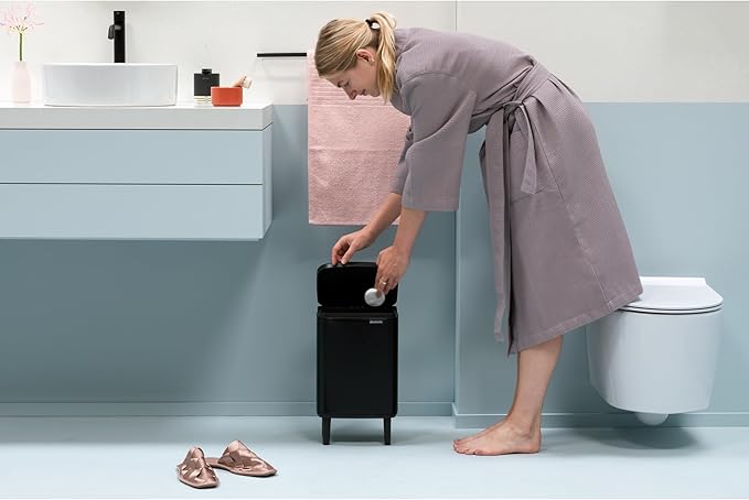 Brabantia Bo Small Lift-Open Trash Can with Raised Legs | 1.8 Gal / 7L | Matt Black | Free Standing Bedroom Bathroom Nursery Trash Can Removable Inner Bucket Non-Slip Feet | + Trash Bags