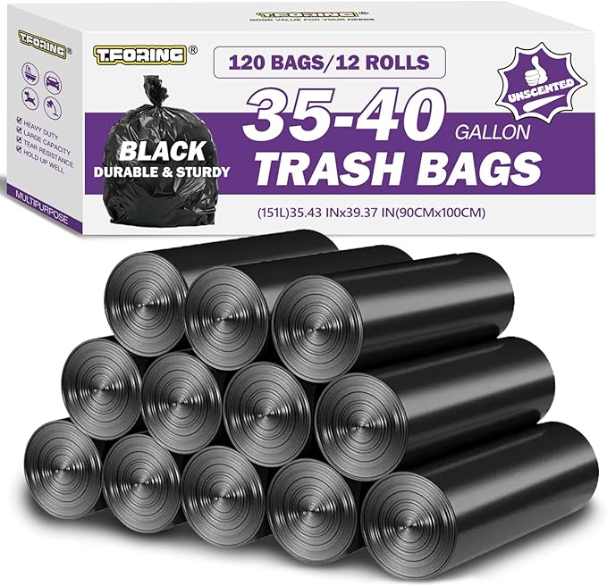 35-40 Gallon Black Trash Bags 120 Count - 35 x 40 Large Garbage Bags 30+ Gallon Strong Trash Can Liners for Home Commercial UseYard Waste Bulk