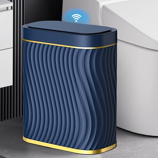 steo spce Bathroom Small Trash Can with Automatic Touchless Lid 2.6 Gallon Smart Garbage Can Narrow Waterproof Trash Bin for Bedroom Office Living Room (Dark Blue)