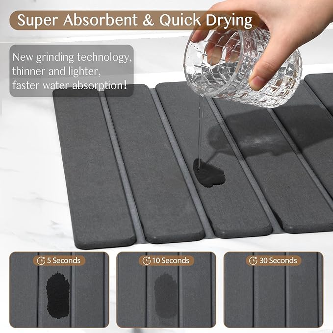 Large Stone Dish Drying Mat for Kitchen Counter Thin &amp Light Quick Dry Stone Dishes Mat Foldable Water Absorbing Diatomite Drying Pad for Kitchen Bathroom Sink Countertop (Pure Gray 24×16 &amp