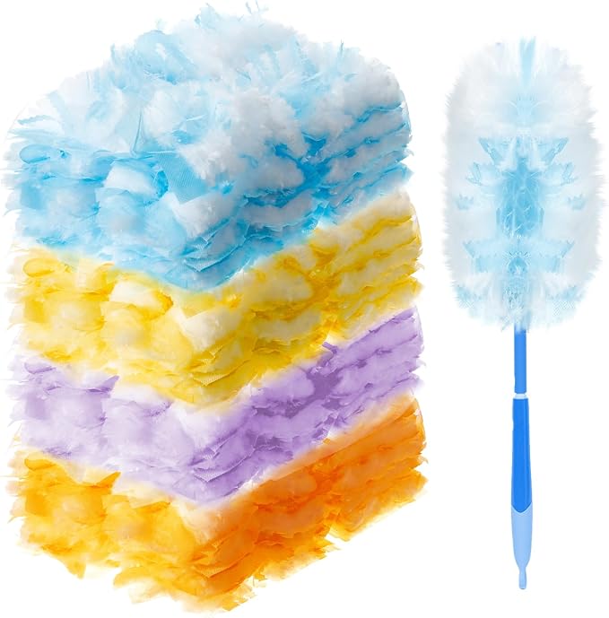Vesici 150 Pcs Duster Refills Compatible with Swiffer Dusters Bulk Disposable Replacement Thickened with 1 Handle Heavy Duty for Cleaning Office (YellowBlueOrangePurple)
