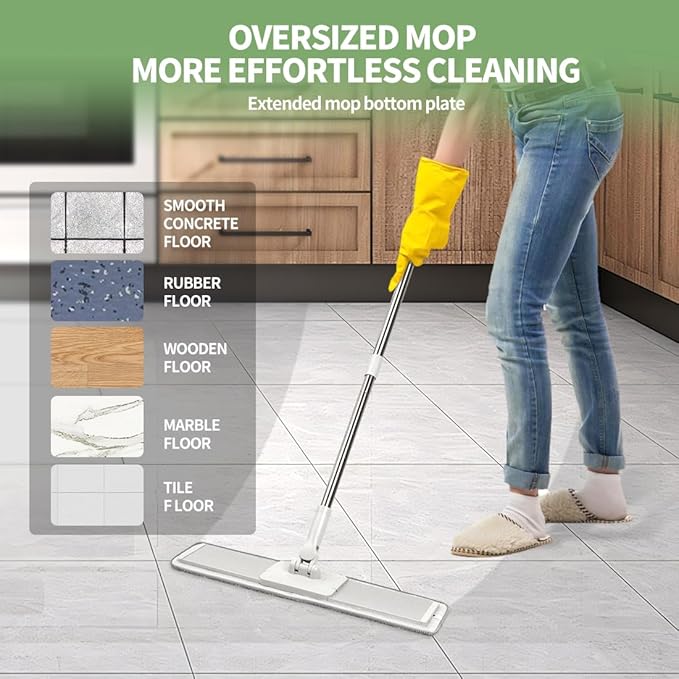 CQT Commercial Flat Microfiber Floor Mop Cleaning System 20 Wet Dry and Dust Hardwood with 4 Washable Pads Cleaner for Laminate Tile Stainless Steel Handle and Extension (PT15 New)