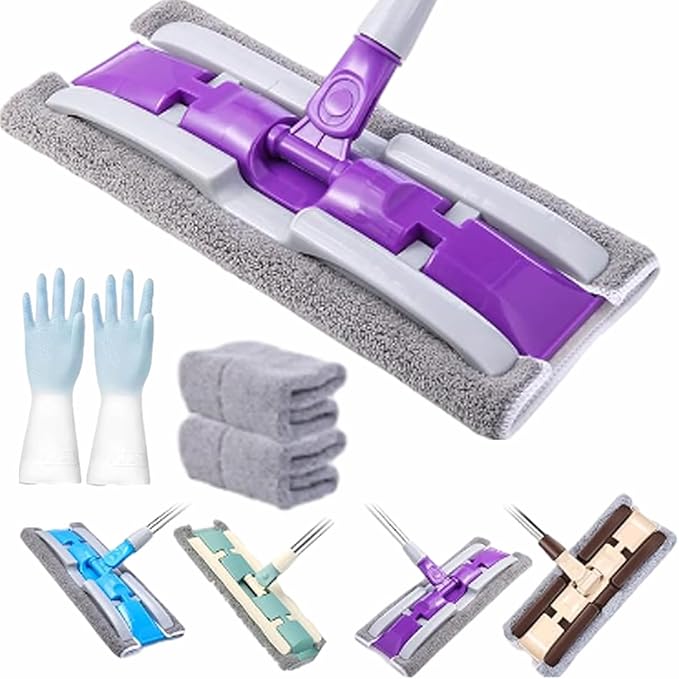 Microfiber Mop Flat Hook Telescopic Flat Floor Mops with 360 Degree Handle Reusable Wet &amp Dry Clamp Cleaning Mops for Home Kitchen and All Floor Surfaces