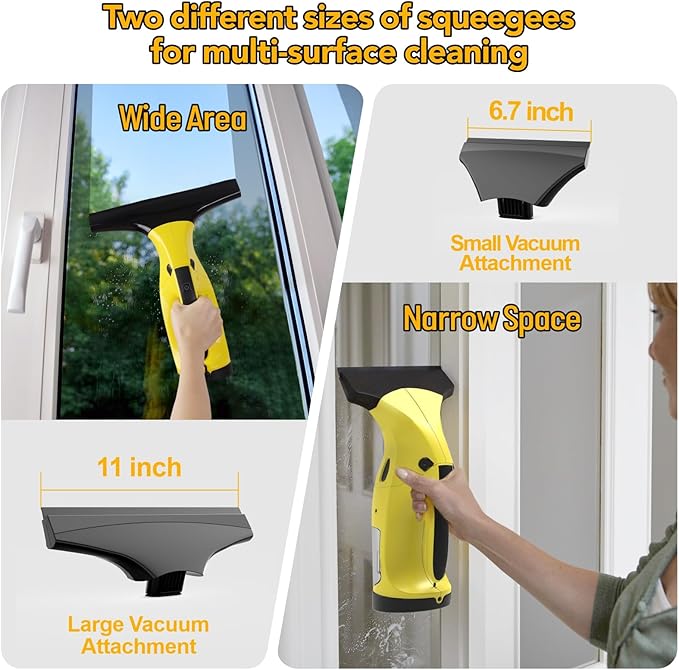 Rechargeable Window Vac Electric Window Vacuum Squeegee with 11 in. and 6.7 in. Squeegee Blades Cordless Window Vacuum Cleaner Set for Cleaning Windows Shower Doors Mirrors Tiles