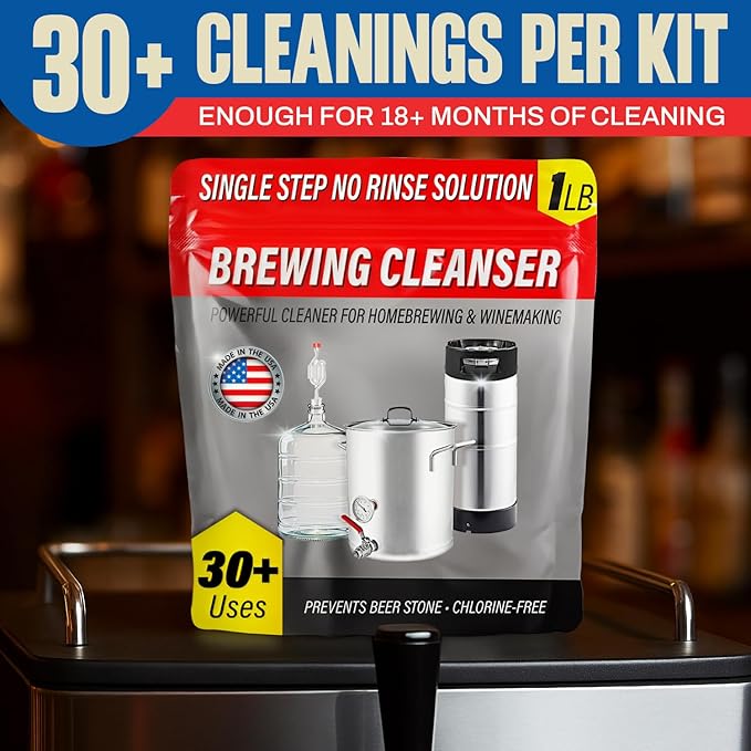 Kegerator Cleaning Kit with 1 LB Beer Line Cleaner Made in USA – 30+ Uses Complete Keg Cleaning Kit with Metal Coupler Squeeze Bottle Wrench Detailed Instructions Storage Bag &amp Beer Tap Brush
