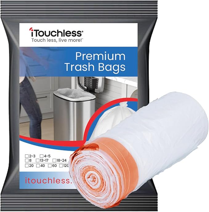 iTouchless Tall Trash Bags Fits 8 Gallon Garbage Can Strong Bathroom Kitchen Bin Liners for Rubbish Recycling Compost in the Home Office 40 Count Clear