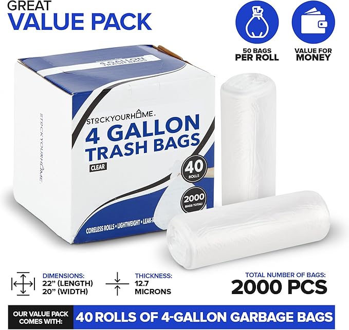 Stock Your Home Clear 4 Gallon Trash Bag (2000 Pack) Un-Scented Small Garbage Bags for Bathroom Can Mini Waste Basket Liner Plastic Liners for Office Trashcan and Dog Poop Bulk Household Supplies