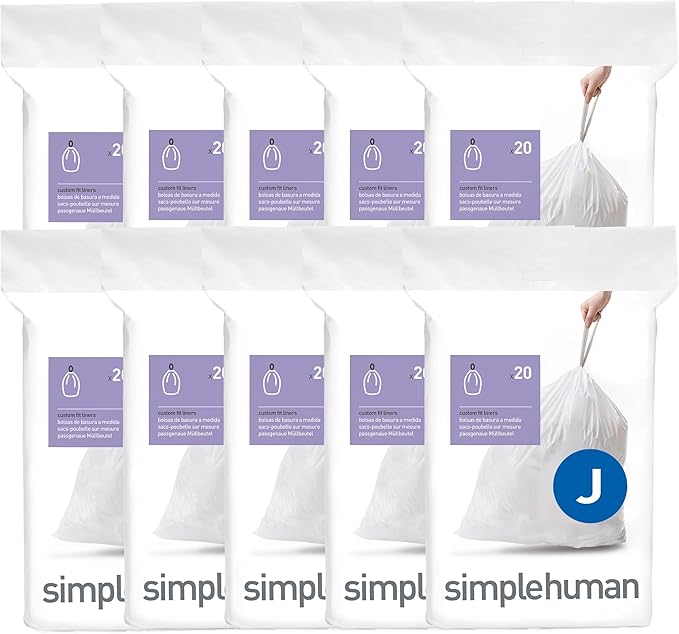 simplehuman Code J 200 Count Dispenser Pack Custom Fit Liners Drawstring Trash Bags 30-45 Liter / 8-12 Gallon White