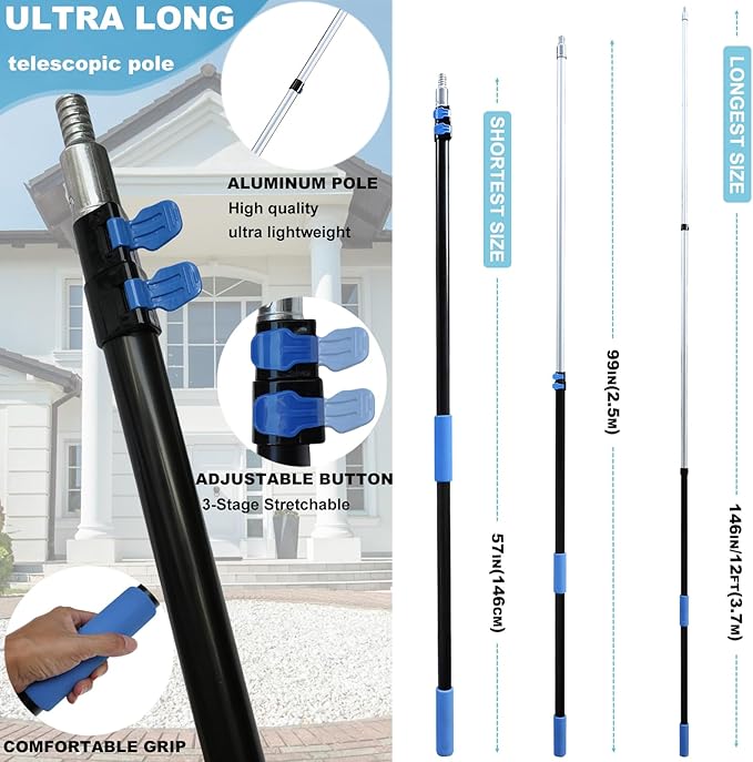 20 Ft+ Reach 2 In 1 Window Squeegee Duster with 5-to-12 Foot Extension Pole Cleaner Tool with 3-Stage Telescoping Pole Cleaning Kit with Rotatable Head - Chenille Cloth + Microfibre Cloths Head