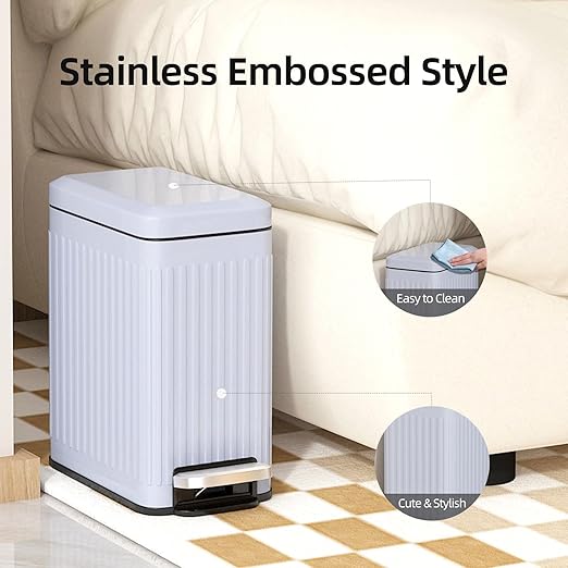 Slim Bathroom Trash Can with Lid Soft Close 1.6 Gallon Stainless Steel Garbage Can with Removable Inner Bucket Durable Step Pedal Small Trash Bins for Toilet Bedroom Kitchen Grey