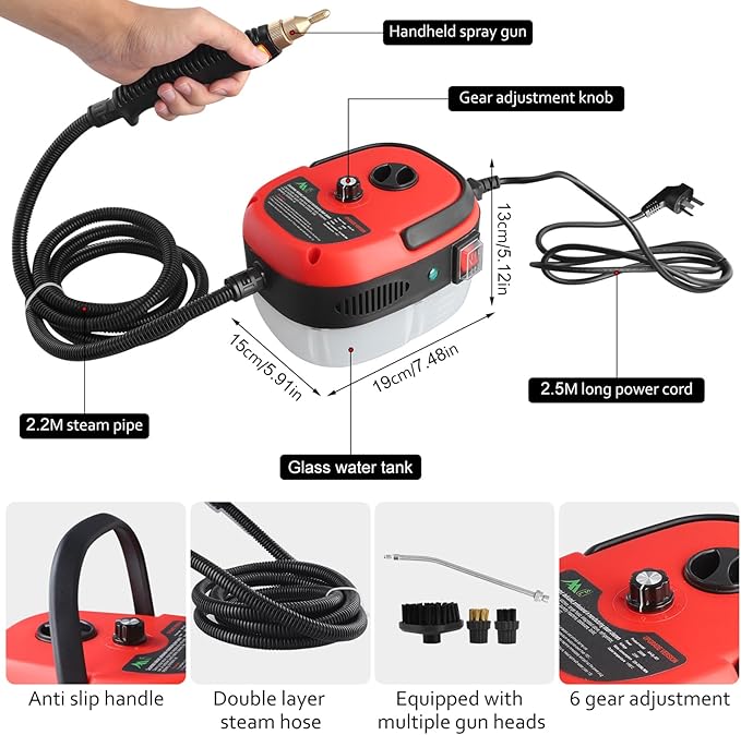 2500W Handheld Steam Cleaner Portable High Temp Steamer Cleaning Machine with 3 Brush Heads Steamer for Cleaning Grout Tile Car Living (White 220v)