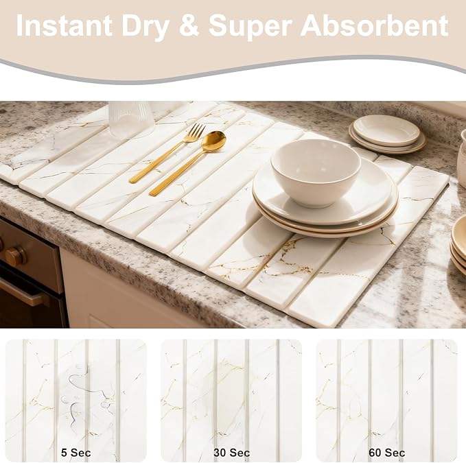 Stone Drying Mat for Kitchen Counter 24x16 Inch Foldable Diatomaceous Earth Stone Sink Fast Absorbing Dish Drying Mats for Dishes Bottles Cups Match any Countertop (White 24x16 Inch)