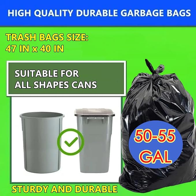 55 Gallon Trash Bag 66 Count Garbage Trash Bags 2.0 Mil Heavy Duty 40 x 47 Large Black Plastic Trash Can Liners Huge for Construction Industrial Yard Outdoor Commercial