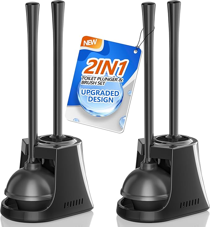 Toilet Plunger and Brush 2 Pack Bowl Brush and Heavy Duty Toilet Plunger Set with Ventilated Holder 2-in-1 Toilet Brush and Plunger Combo for Bathroom Cleaning (Black)