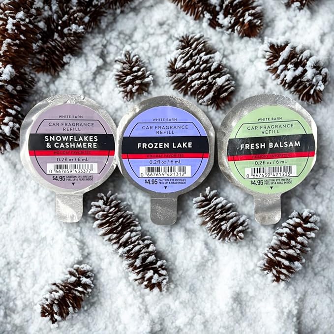Bath &amp Body Works SNOWFLAKES &amp CASHMERE FROZEN LAKE &amp FRESH BALSAM Car Fragrance Refill 3-Pack – 0.2 fl oz Each – Winter &amp Holiday Scents – Gift set with 20-Inch Metallic Silver Ribbo