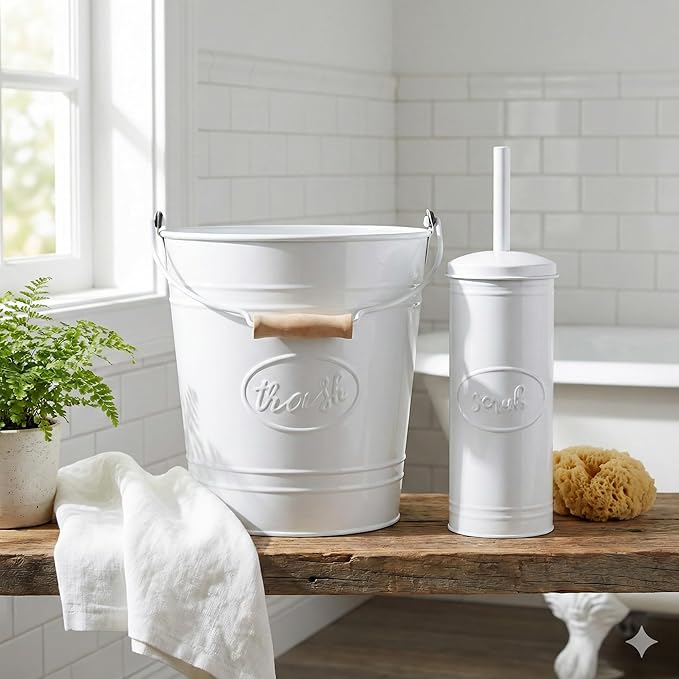Autumn Alley Rustic Farmhouse White Bathroom Trash Can and Toilet Brush Set – Bathroom Accessories for Modern Farmhouse Charm White Trash Can with Toilet Brush and Holder 2 Gal. Capacity