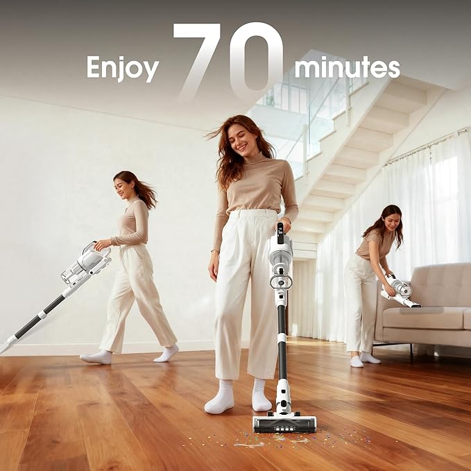 Cordless Vacuum Cleaner Upgraded 650W 55KPA 70Mins Runtime Fast Charging Self-Standing Vacuum Cleaners for Home LED Light Touch Screen Vacuum Cleaner Light Weightfor Pet Hair/Floor White