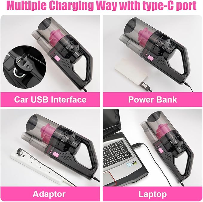Viewsun Car Vacuum Cordless Rechargeable 8000PA High Power Handheld Vacuum Cleaner with 17PCS Car Cleaning Kit Pink Auto Accessories for Women Gift