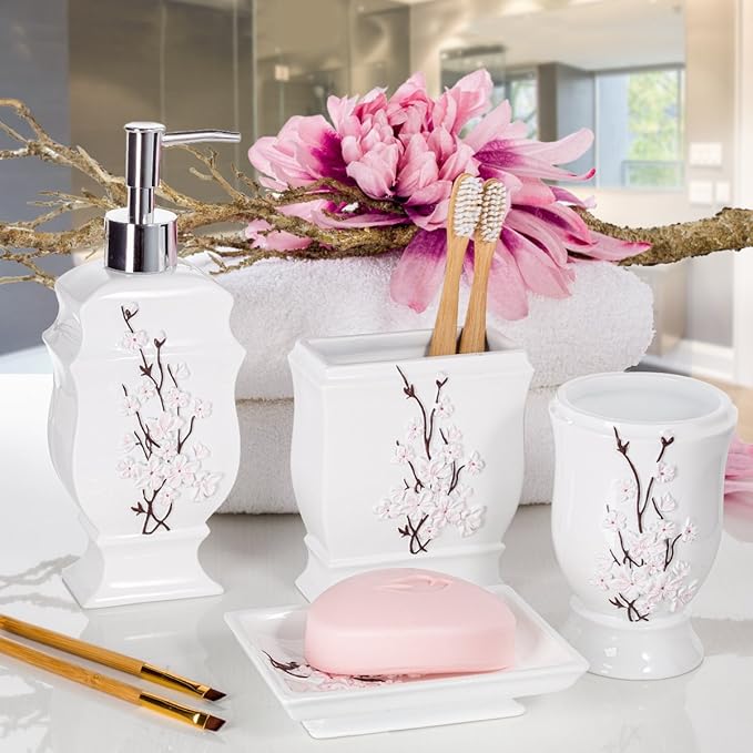 Creative Scents Vanda Bathroom Set - Cherry Blossom White Bathroom Accessories Set - 4 Piece Floral Bathroom Soap Dispenser Set Includes: Lotion Dispenser Toothbrush Holder Tumbler &amp Soap Dish