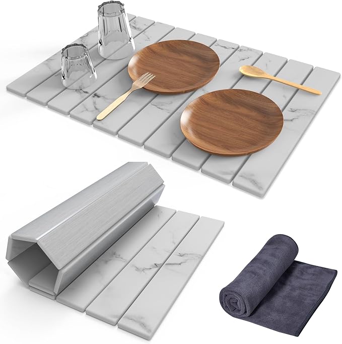 Stone Dish Drying Mat for Kitchen Counter24(L)×16(W) Collapsible Fast-Drying Diatomaceous Earth Mats with Towel Sanding ToolVersatile Stone Drying Mats for Cups Dishes Bottles