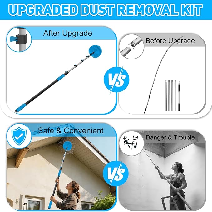 26FT Reach Cobweb Duster with Extension Pole - Spider Web Brush for Cleaning with 5-20FT 4-Section Flip-Lock Telescopic Pole Effortlessly Cleans High Indoor &amp Outdoor Webs