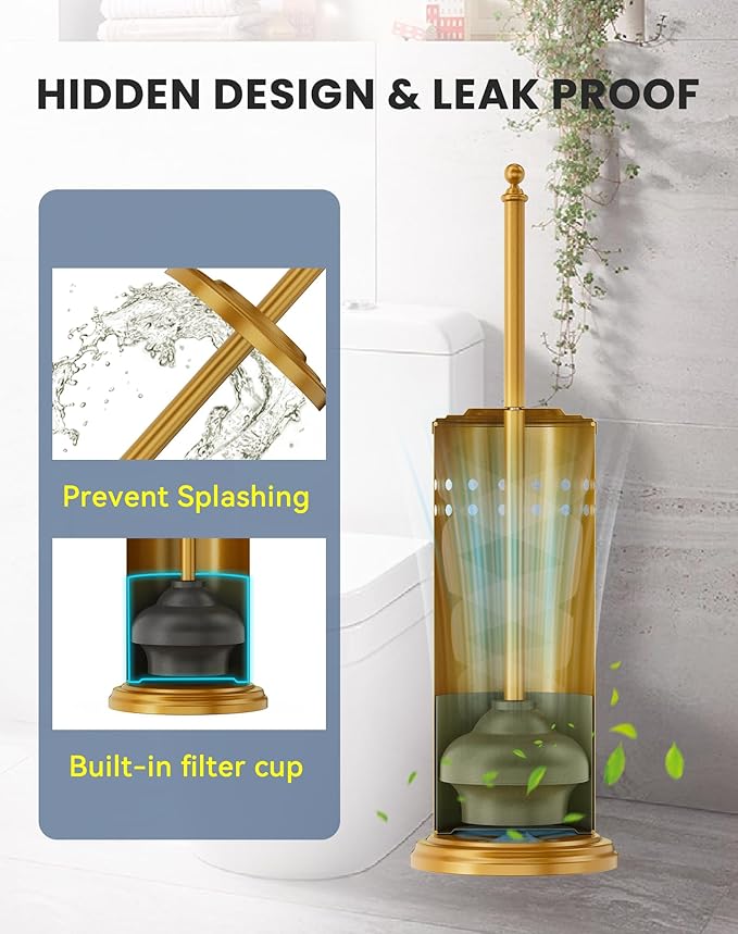 DOWRY Anti-Hand Off Toilet Plunger with Holder for BathroomPowerful Efficient Force Suction CupHeavy Duty Deep Cleaning Gold