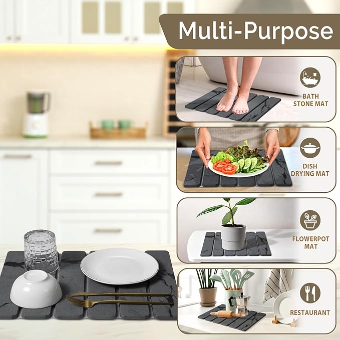 Large Stone Dish Drying Mat for Kitchen Counter 2PCS Quick Dry Stone Dishes MatFoldable Water Absorbing Diatomaceous Drying Organizer Pad for Plate Rack Bottles Utensils(Dark Gray 16x12 &amp 8“x4