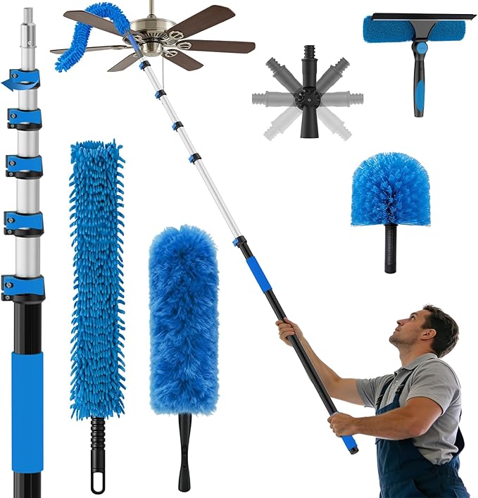 25FT Reach High Ceiling Duster Kits with 5-20FT Adjustable Pole - Includes Extra Long Duster High Ceiling Duster Rotatable Window Squeegee &amp Cobweb Duster for Ceiling Fans and Whole House Cleani