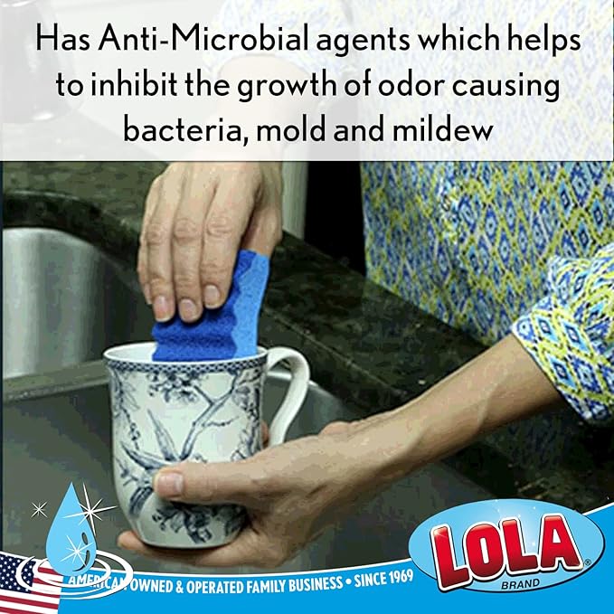 LOLA All Purpose Scrub Sponge 12 Pack Made in USA Scrub Sponge- Superior Technology Non-Scratch Long Lasting - Dishes Mugs Non-Stick Cookware