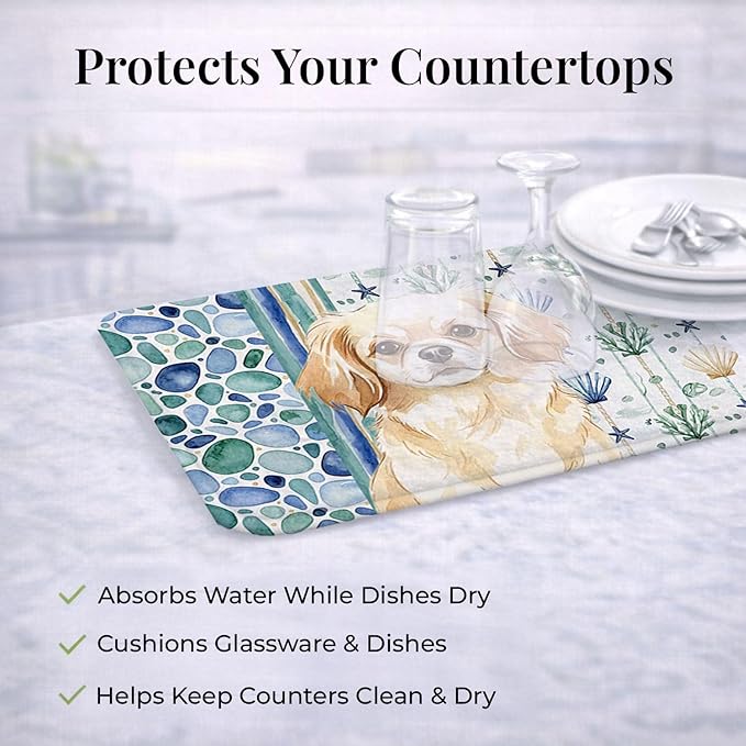 Caroline's Treasures Cream Tibetan Spaniel Coastal Sea Glass Dish Drying Mat Absorbent Dish Drying Mat Pad for Kitchen Counter Dish Drainer Mat for Countertop 14 x 21 Multicolor