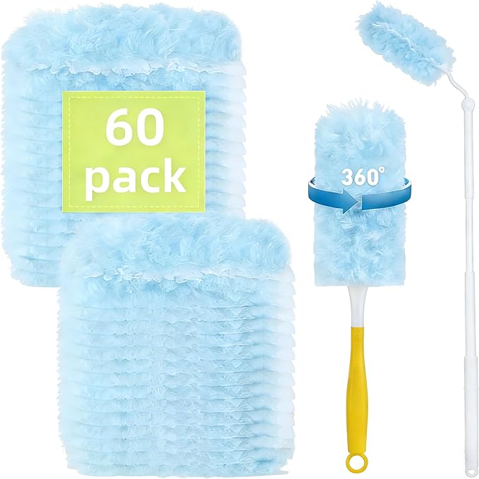 60-Pack Dusting Mop Refill Set Disposable Power Dusting Duster Compatible with Swiffer. Includes 1 Handle and 3-Foot Extension Pole Ideal for Cleaning Furniture Bookshelves and Ceiling Fans.