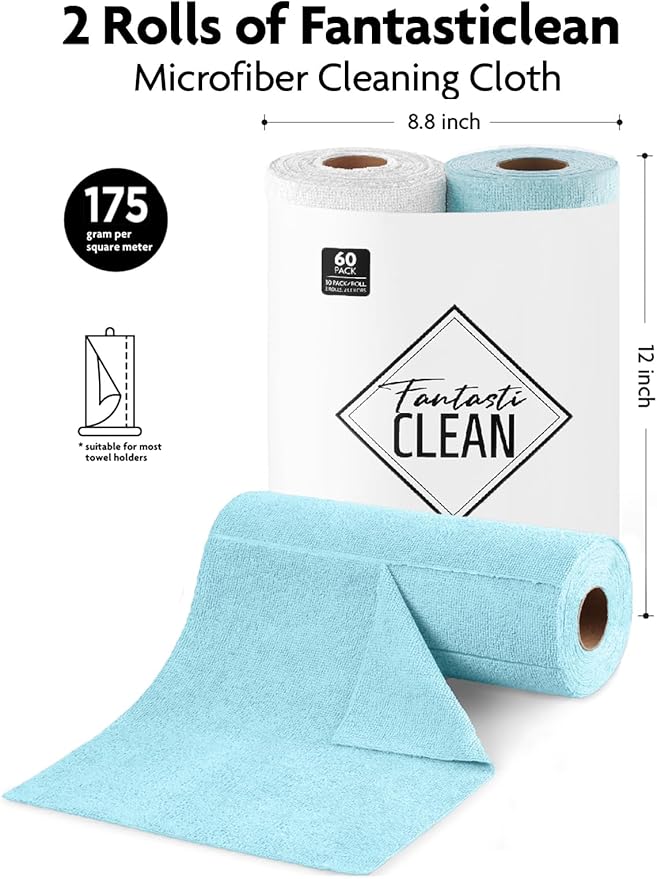 Fantasticlean Microfiber Cleaning Cloth Roll -60 Pack Tear Away Microfiber Towels 12 x 12 Reusable Washable Scratch Free Ultra Absorbent Dishcloth for All-Around Cleaning (White &amp Blue)
