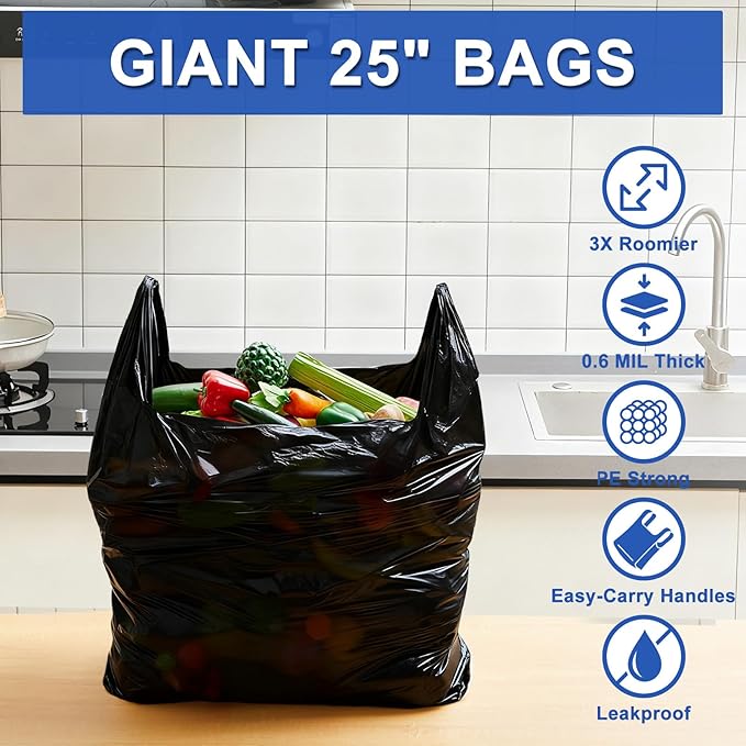 200 Pack 25'' x 15'' x 6'' Extra Large Black Plastic Shopping Bags(0.6 Mil Thick) Reusable Heavy Duty Large T-shirt Grocery Bags Bulk with Handles for Restaurant Retail Business