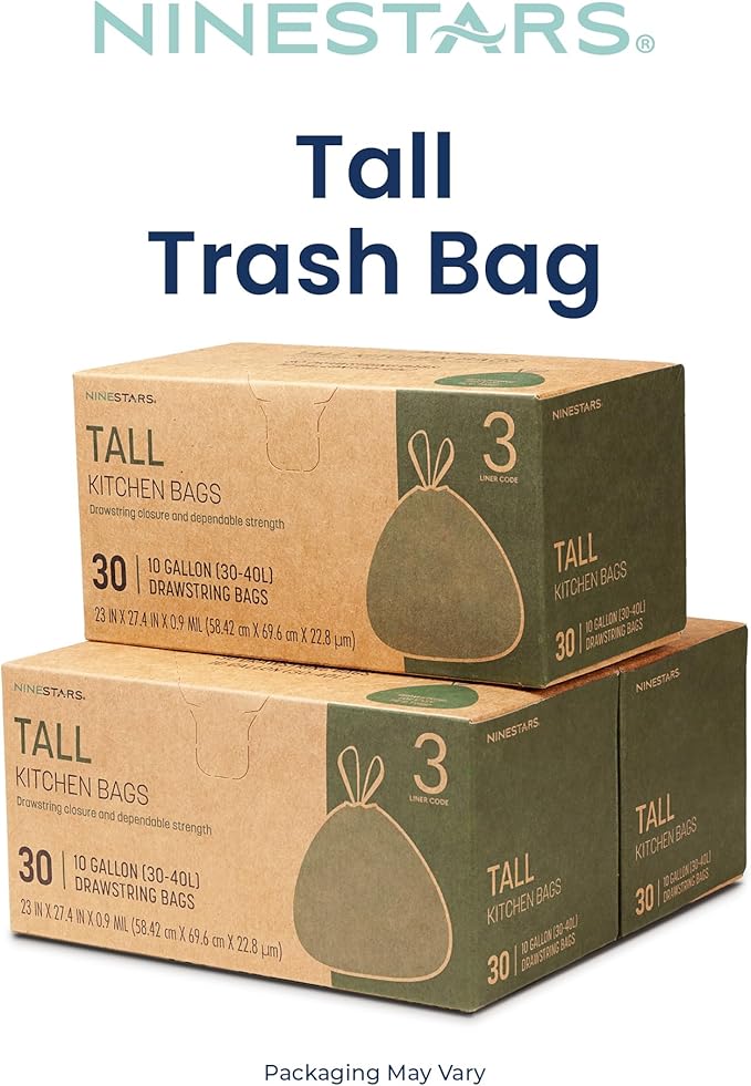 Ninestars Extra Strong Trash Bags with Drawstring Multiple Sizes 90 Count Kitchen Drawstring trash bags 90 Trash Bags (10 Gallon 90 ct White)