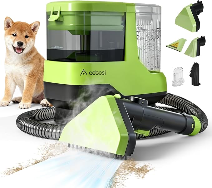 AAOBOSI Portable Carpet Cleaner Machine 17Kpa Upholstery Steam Cleaner with Smart Voice Prompting Self-cleaning 4 Tools for Pets Car Couch and Stairs- C688 Green