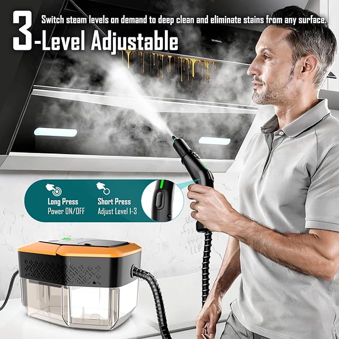 Steam Cleaner 3-Level Adjustable Handle 15s Heat-Up Steamer for Cleaning With 1.8L Large Tank Dry Burn Protection Handheld Steam Cleaner for Home Bathroom Tile GroutCar with 12pcs Accessories