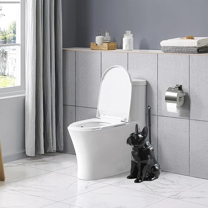 Comeon Ceramic Dog White/Black Toilet Brush and Holder Set Plastic Handled Scrub Brush for Bathroom Cleaning13.7*6.3 (Black)