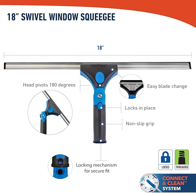 Unger Professional Connect and Clean 18” Grip Swivel Window Glass Squeegee and 8’ Pole 180-Degree Pivoting Handle with Lock Cleaning Supplies for Streak-Free Results