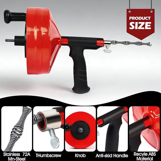 50 Ft Drain AugerUse Manually or Drill Powered 50 Feet Drain SnakeHeavy Duty Flexible Plumbing SnakeWith Gloves and Storage Bag for Kitchen Sink Shower Drain (50FT Red)