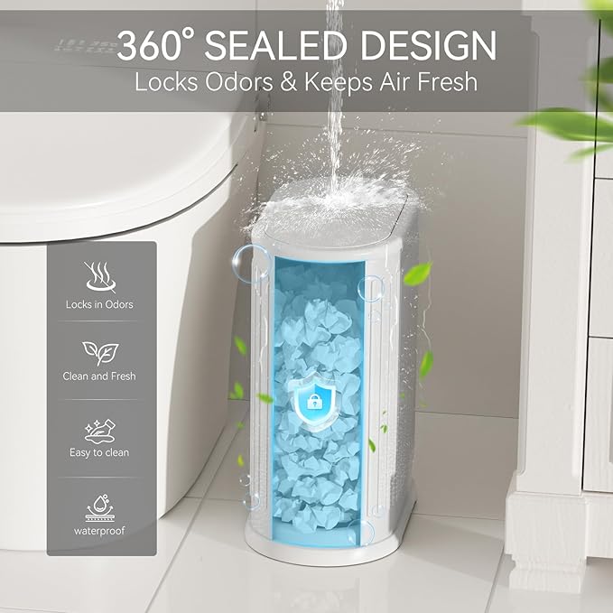 Stainless Steel Bathroom Trash Can and Toilet Brush Set1.6 Gallon Small Trash Bin with Press Type Lid White Bathroom Sets with Curtain and Liner for Bathroom