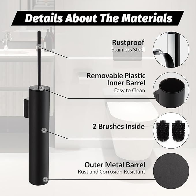 BGL Toilet Brush and Holder Set Matte Black Wall Mounted for Bathroom Round Design
