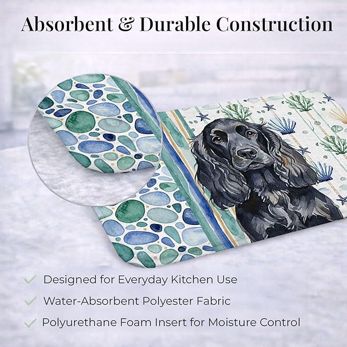 Caroline's Treasures Black English Cocker Spaniel Coastal Sea Glass Dish Drying Mat Absorbent Dish Drying Mat Pad for Kitchen Counter Dish Drainer Mat for Countertop 14 x 21 Multicolor