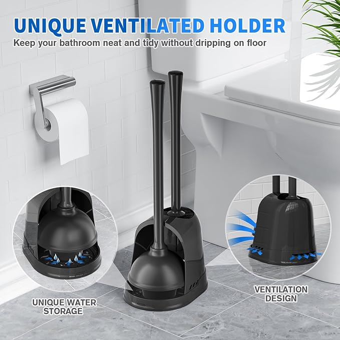 Toilet Plunger and Brush2 Pack Bowl Brush and Heavy Duty Toilet Plunger Set with Ventilated Holder 2-in-1 Toilet Brush and Plunger Combo for 5.3-inch Toilet Drain Bathroom Cleaning