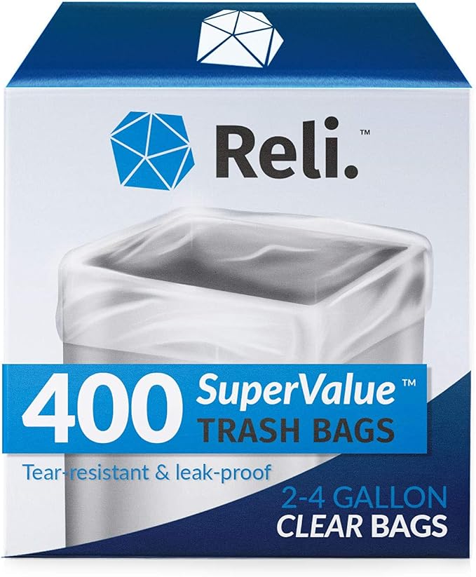Reli. 2-4 Gallon Trash Bags | 400 Bags | Clear | Bathroom | Strong | Garbage