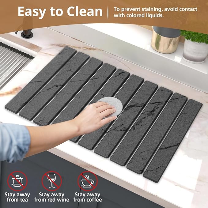 2 PCS Large Stone Dish Drying Mat for Kitchen Counter Marbled Quick Dry Stone Dish Mats Diatomaceous Earth Drying Pad Foldable and Super Absorbent Dish Drying Stone Mat (Dark Gray 24×16 &amp 8×