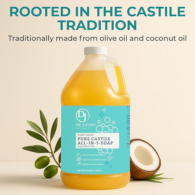 Dr. Jacobs Naturals Pure Castile Soap 64 oz Value Size - Unscented - Made in USA - All-in-One Plant-Based Multipurpose Cleaner for Floors Counters Dishes &amp Laundry Gentle on Skin Biodegradabl
