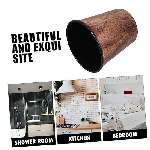 Retro Wood Grain Wastebasket Round Lidless Trash Can for Home Office Bedroom Bathroom Elegant Grain Pattern Garbage Bin for Dining Room Kitchen Decor