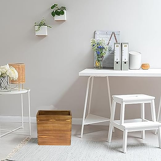 Owlgift Wooden Rustic Burnt Waste Basket Trash Bin Rectangular Wastebaskets Bathroom Garbage Can Bedroom Trash Can Dorm Recycle Bin Office Trash Can Wooden Wastebasket Wooden Décor