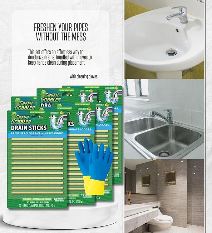 6x Green Gobbler Strip Drain Cleaner and Deodorizer 1.47 oz Bundle with Cleaning Gloves – Drain Smell Eliminator &amp Breaks Down Matter in Drains – Easy-to-Use Deodorizing Strips – Gift Set (7 Items
