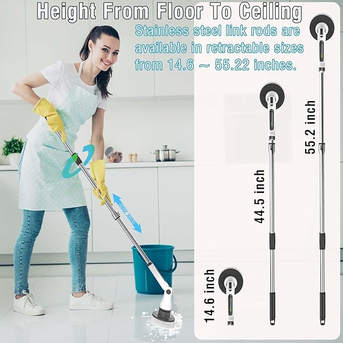 Electric Spin Scrubber 8 in 1 Electric Cleaning Brush Cordless Rechargeable Scrub Brush with 8 Replaceable Brush Heads Adjustable Length and Angle Power Scrubber for Bathroom Tile Bathtub Glass